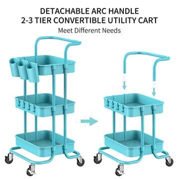 ALVOROG 3-Tier Rolling Utility Cart Movable Storage Organizer Shelves with Wheels and Hanging Cups Multifunctional Service Cart for Kitchen, Office, Coffee Bar (Blue)