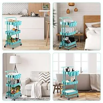 ALVOROG 3-Tier Rolling Utility Cart Movable Storage Organizer Shelves with Wheels and Hanging Cups Multifunctional Service Cart for Kitchen, Office, Coffee Bar (Blue)