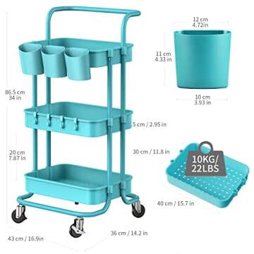 ALVOROG 3-Tier Rolling Utility Cart Movable Storage Organizer Shelves with Wheels and Hanging Cups Multifunctional Service Cart for Kitchen, Office, Coffee Bar (Blue)