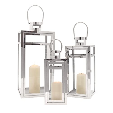 TRIROCKS Stainless Steel Lantern Set of 3, 19" Tall Metal Hanging Lanterns with Clear Glass Panels, ...