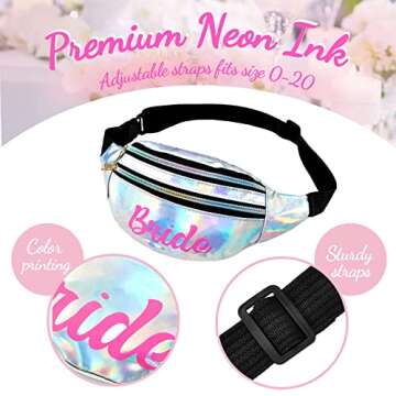 7 Pcs Bride Fanny Pack Bachelorette Bridesmaid Pack Holographic Belt Laser Waist Bag with Adjustable Belt for Women Wedding Bridal Shower Party Favors