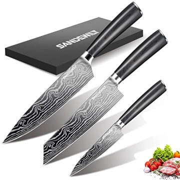 SANDEWILY 3 Piece Japanese Knife Set - Ultra Sharp Chef Knives for Perfect Slicing