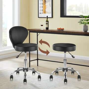 KLASIKA PVC Faux Leather Rolling Swivel Salon Stool Chair with Back Support Adjustable Hydraulic Sea...