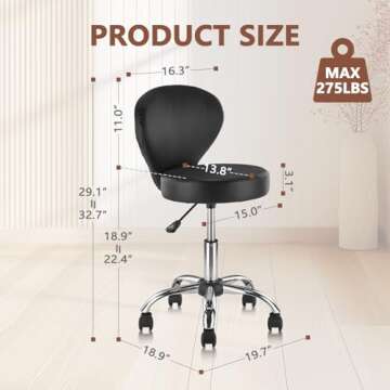 KLASIKA PVC Faux Leather Rolling Swivel Salon Stool Chair with Back Support Adjustable Hydraulic Seat Height 22 in Diameter 15 Inch for Office Massage Facial Spa Medical Drafting Tattoo Beauty Barber