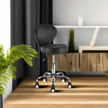 KLASIKA PVC Faux Leather Rolling Swivel Salon Stool Chair with Back Support Adjustable Hydraulic Seat Height 22 in Diameter 15 Inch for Office Massage Facial Spa Medical Drafting Tattoo Beauty Barber