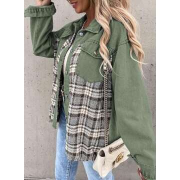 SHEWIN Denim Jacket for Women Long Sleeve Button Down Oversized jean Jacket Women Denim Shirt Spring Outfits 2025 Women's Clothing Green Medium