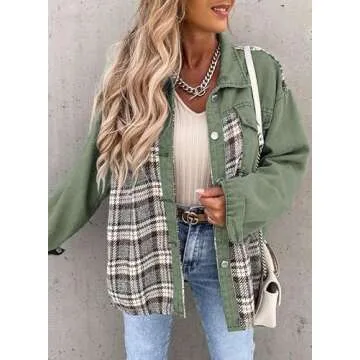 SHEWIN Denim Jacket for Women Long Sleeve Button Down Oversized jean Jacket Women Denim Shirt Spring Outfits 2025 Women's Clothing Green Medium