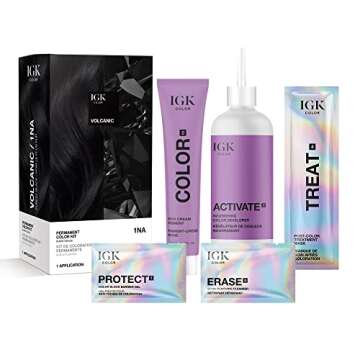 IGK Permanent Hair Color Kit | 1NA Volcanic Purest Black - 100% Gray Coverage + Strengthen & Shine A...