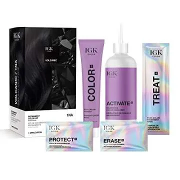 IGK Permanent Hair Color Kit | 1NA Volcanic Purest Black - 100% Gray Coverage + Strengthen & Shine A...