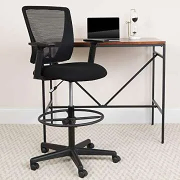 Flash Furniture Harper Ergonomic Mid-Back Mesh Drafting Chair with Black Fabric Seat, Adjustable Foo...
