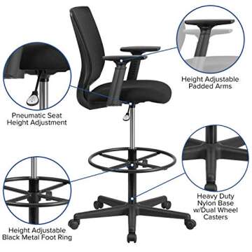 Flash Furniture Harper Ergonomic Mid-Back Mesh Drafting Chair with Black Fabric Seat, Adjustable Foot Ring and Adjustable Arms