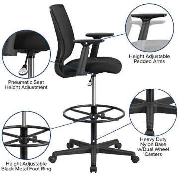 Flash Furniture Harper Ergonomic Mid-Back Mesh Drafting Chair with Black Fabric Seat, Adjustable Foot Ring and Adjustable Arms