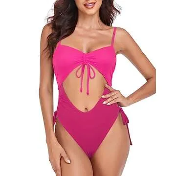 Hilor Cheeky High Cut Bathing Suits for Women One Piece Cutout Swimsuit Drawstring Side Tie Bikini Hot Pink Gradient 8