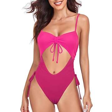 Hilor Cheeky High Cut Bathing Suits for Women One Piece Cutout Swimsuit Drawstring Side Tie Bikini Hot Pink Gradient 8