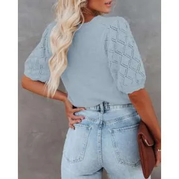 Womens Short Sleeve Sweaters Crewneck Knit Pullover Tops 2025 Summer Casual Lightweight Crochet Blouse Shirt Blue