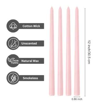 Taper Candles 12'' Tall Light Pink Colored Candlesticks Set of 4 | Unscented 3/4 inch Diameter Candl...