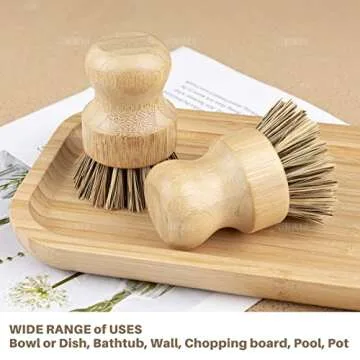 AUEAR, Natural Bamboo Dish Scrub Brush Cleaning Pot Scrubber Brushes Coconut Bristles for Cast Iron Skillet Pots Pans (4 Pack)