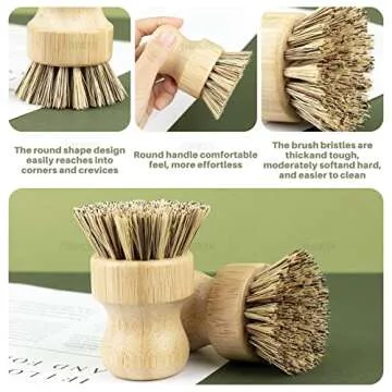 AUEAR, Natural Bamboo Dish Scrub Brush Cleaning Pot Scrubber Brushes Coconut Bristles for Cast Iron Skillet Pots Pans (4 Pack)