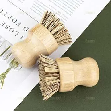AUEAR, Natural Bamboo Dish Scrub Brush Cleaning Pot Scrubber Brushes Coconut Bristles for Cast Iron Skillet Pots Pans (4 Pack)