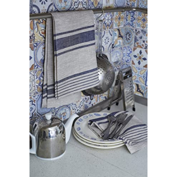 LINENVIBE Pure Linen Kitchen Towels Set of 2 - Navy Blue Stripes
