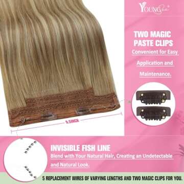 YoungSee Wire Real Hair Extensions Balayage Invisible Wire Hair Extensions Medium Brown Fading to Brown Hair Extensions Transparent Wire Real Hair Extensions Ease of Use Hair Extensions 80G 18In