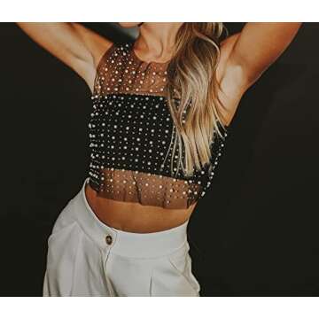 Meladyan Women's Sexy Sheer Mesh Diamond Rhinestone Crop Tank See Through Hollow Out Sleeveless Crew...