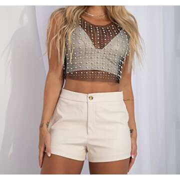 Meladyan Women's Sexy Sheer Mesh Diamond Rhinestone Crop Tank See Through Hollow Out Sleeveless Crewneck Cropped Going Top, Black, Small