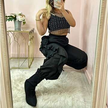 Meladyan Women's Sexy Sheer Mesh Diamond Rhinestone Crop Tank See Through Hollow Out Sleeveless Crewneck Cropped Going Top, Black, Small