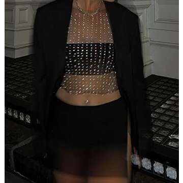 Meladyan Women's Sexy Sheer Mesh Diamond Rhinestone Crop Tank See Through Hollow Out Sleeveless Crewneck Cropped Going Top, Black, Small