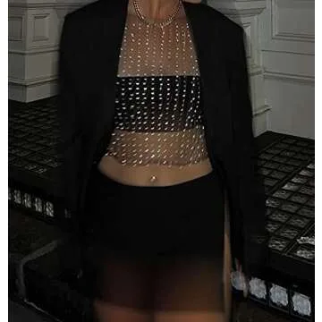 Meladyan Women's Sexy Sheer Mesh Diamond Rhinestone Crop Tank See Through Hollow Out Sleeveless Crewneck Cropped Going Top, Black, Small