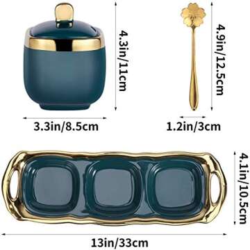 Ceramics Seasoning pot Set of 3 with Lids, stainless steel Serving Spoon, Ceramics Tray,Kitchen tools Ceramics Condiment Jar Spice Container Used for salt, sugar, pepper storage,Vintage Green Set of 3