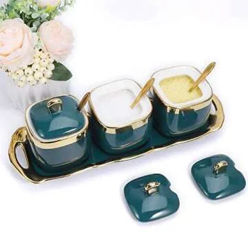 Ceramics Seasoning pot Set of 3 with Lids, stainless steel Serving Spoon, Ceramics Tray,Kitchen tools Ceramics Condiment Jar Spice Container Used for salt, sugar, pepper storage,Vintage Green Set of 3