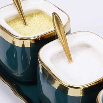 Ceramics Seasoning pot Set of 3 with Lids, stainless steel Serving Spoon, Ceramics Tray,Kitchen tools Ceramics Condiment Jar Spice Container Used for salt, sugar, pepper storage,Vintage Green Set of 3