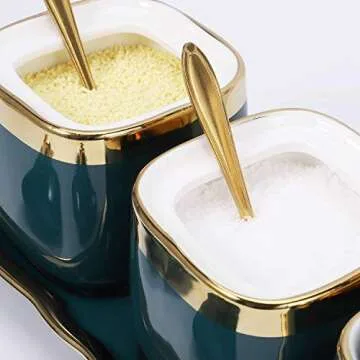Ceramics Seasoning pot Set of 3 with Lids, stainless steel Serving Spoon, Ceramics Tray,Kitchen tools Ceramics Condiment Jar Spice Container Used for salt, sugar, pepper storage,Vintage Green Set of 3
