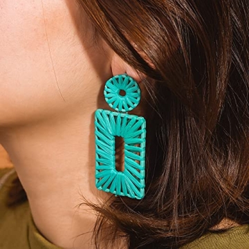 Statement Raffia Earrings Boho Drop Earrings Geometric Dangle Earrings for Women Handmade Straw Earrings Beach Earrings(Teal)