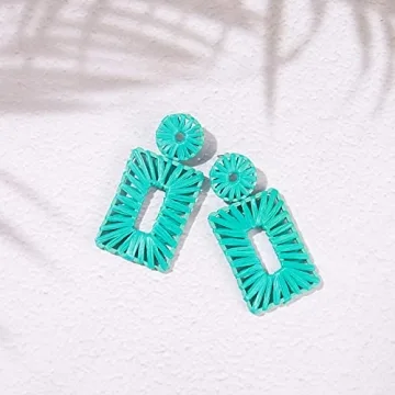 Statement Raffia Earrings Boho Drop Earrings Geometric Dangle Earrings for Women Handmade Straw Earrings Beach Earrings(Teal)