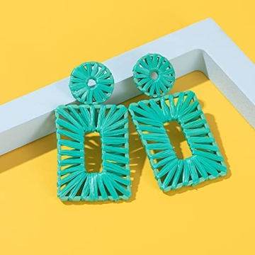 Statement Raffia Earrings Boho Drop Earrings Geometric Dangle Earrings for Women Handmade Straw Earrings Beach Earrings(Teal)