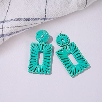 Statement Raffia Earrings Boho Drop Earrings Geometric Dangle Earrings for Women Handmade Straw Earrings Beach Earrings(Teal)