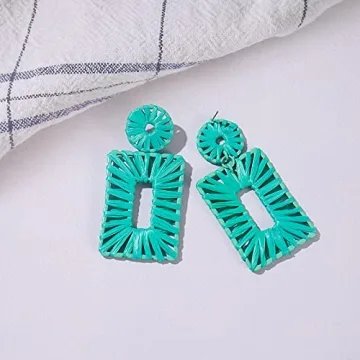 Statement Raffia Earrings Boho Drop Earrings Geometric Dangle Earrings for Women Handmade Straw Earrings Beach Earrings(Teal)