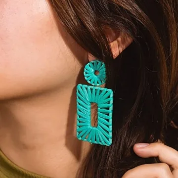 Statement Raffia Earrings Boho Drop Earrings Geometric Dangle Earrings for Women Handmade Straw Earrings Beach Earrings(Teal)