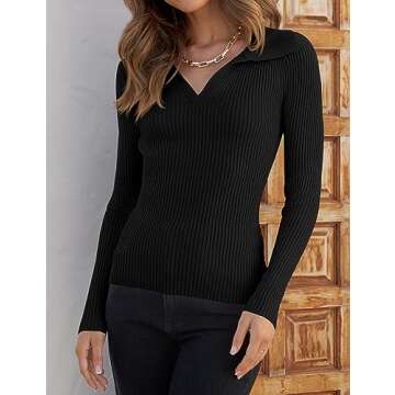 ZESICA Sweaters for Women Spring Long Sleeve V Neck Ribbed Knit Pullover Tops Casual Slim Fit Basic Tee Shirts,Black,Medium