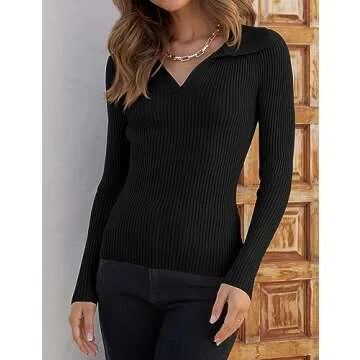 ZESICA Sweaters for Women Spring Long Sleeve V Neck Ribbed Knit Pullover Tops Casual Slim Fit Basic Tee Shirts,Black,Medium