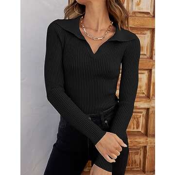 ZESICA Sweaters for Women Spring Long Sleeve V Neck Ribbed Knit Pullover Tops Casual Slim Fit Basic Tee Shirts,Black,Medium