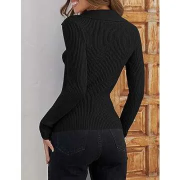 ZESICA Sweaters for Women Spring Long Sleeve V Neck Ribbed Knit Pullover Tops Casual Slim Fit Basic Tee Shirts,Black,Medium