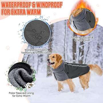 SlowTon Winter Dog Coat, Warm Polar Fleece Lining Doggie Outdoor Jacket with Turtleneck Scarf Reflec...