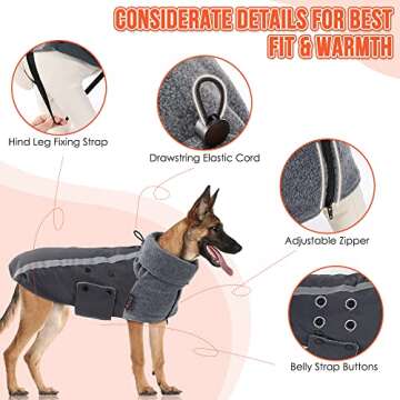 SlowTon Winter Dog Coat, Warm Polar Fleece Lining Doggie Outdoor Jacket with Turtleneck Scarf Reflective Stripe Adjustable Waterproof Windproof Puppy Vest Soft Pet Outfits (XXL,Grey)