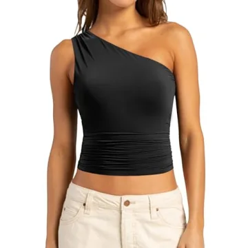 SUUKSESS Women Double Lined Going Out Trendy Crop Tops One Shoulder Ruched Casual Sleeveless Shirts ...