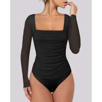 Chunpin Women's Square Neck Mesh Long Sleeve Bodysuit Outfits Tops Sexy Thong Bodysuit Black S