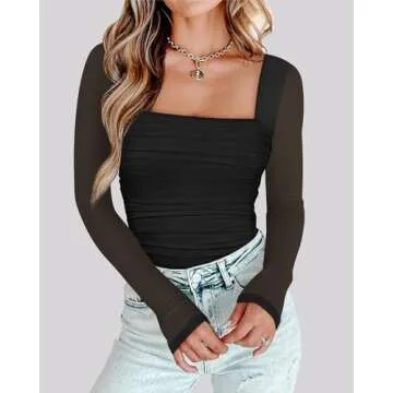 Chunpin Women's Square Neck Mesh Long Sleeve Bodysuit Outfits Tops Sexy Thong Bodysuit Black S