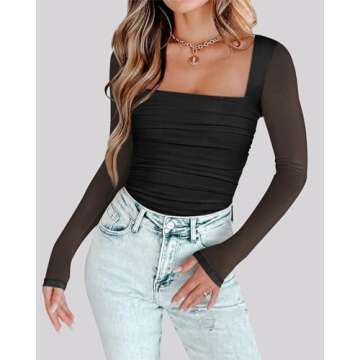Chunpin Women's Square Neck Mesh Long Sleeve Bodysuit Outfits Tops Sexy Thong Bodysuit Black S
